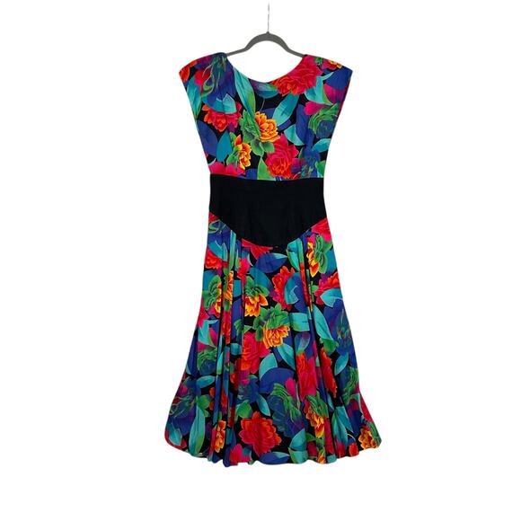 Vintage 80's Neiman Marcus Midi Dress Size 8 Bold Floral Tropical Basque Waist - Picture 1 of 13